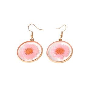 Pink resin flowers Circular Earrings Made of alloy metal w/ flower incase